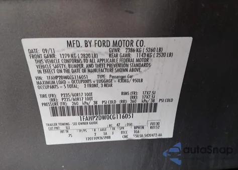 2012 Ford Taurus Se из США, поврежденный, VIN 1FAHP2DW0CG116051